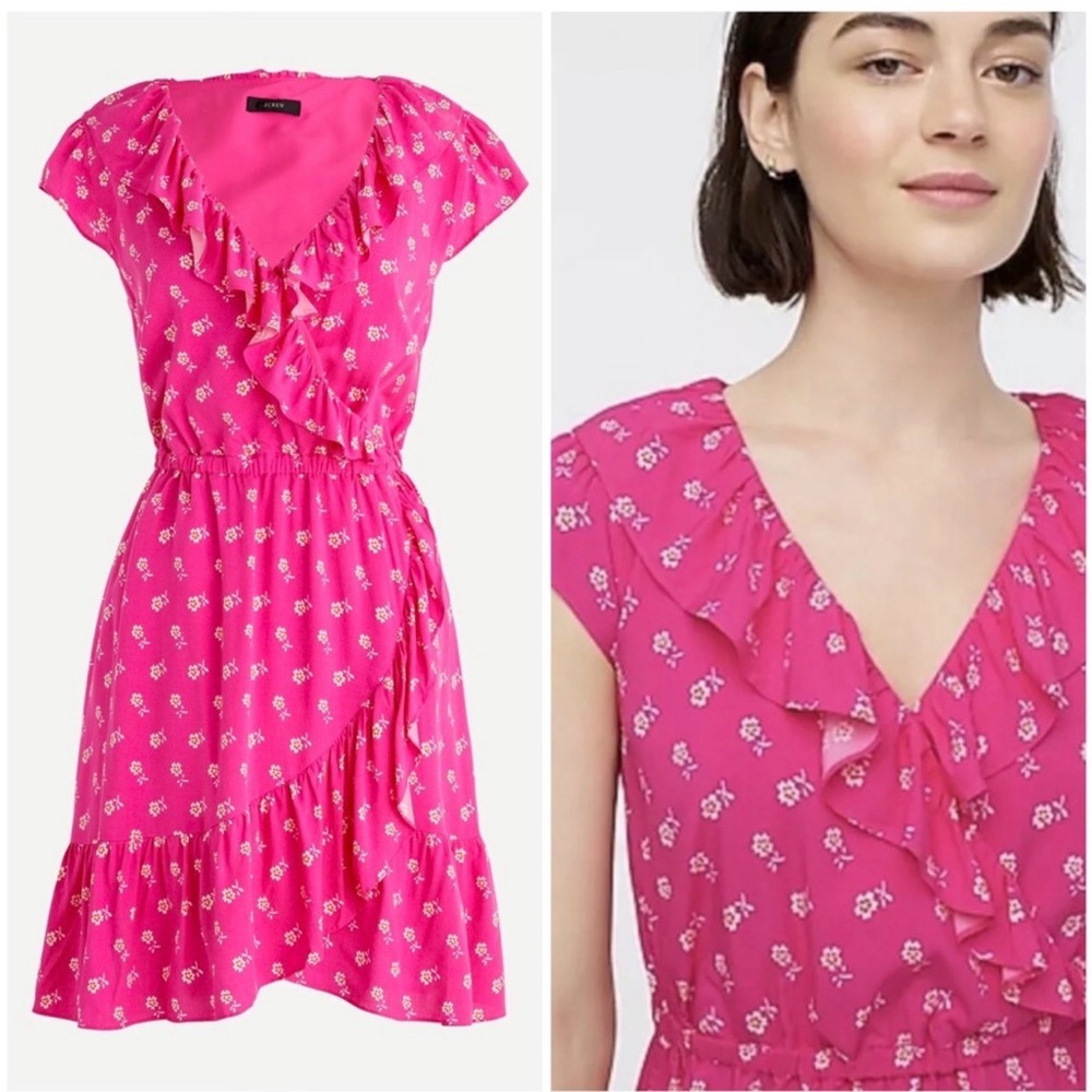 J. Crew Pink Floral Ruffle Faux Wrap Dress Size 6 Sundress Cottagecore somerset